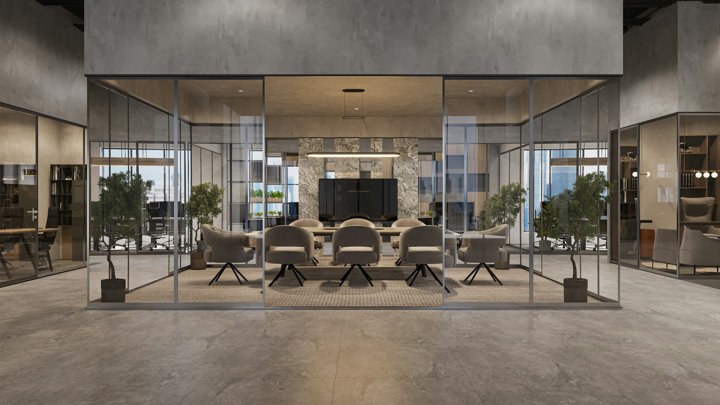 Glass-walled meeting room on the KAKA Group office floor